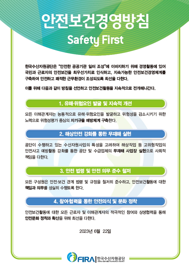 안전보건경영방침 Safety First 한국수산자원공단은 "안전한 공공기관 일터 조성"에 이바지하기 위해 경영활동에 있어 국민과 근로자의 안전보건을 최우선가치로 인식하고, 지속가능한 안전보건경영체계를 구축하여 안전하고 쾌적한 근무환경이 조성되도록 최선을 다한다. 이를 위해 다음과 같이 방침을 선언하고 안전보건활동을 지속적으로 전개해나간다. 1.유해·위험요인 발굴 및 지속적 개선 - 모든 이해관계자는 능동적으로 유해·위험요인을 발굴하고 위험성을 감소시키기 위한 노력으로 위험성평가 중심의 자기규율 예방체계 구축한다. 2. 해상안전 강화를 통한 무재해 실현 - 공단이 수행하고 있는 수산자원사업의 특성을 고려하여 해상작업 등 고위험작업의 안전사고 예방활동 강화를 통한 공단 및 수급업체의 무재해 사업장 실현으로 사회적 책임을 다한다. 3. 안전 법령 및 안전 의무 준수 철저 - 모든 구성원은 안전·보건 관계 법령 및 규정을 철저히 준수하고, 안전보건활동에 대한 책임과 의무를 성실히 수행토록 한다. 4. 참여·협력을 통한 안전의식 및 문화 정착 - 안전보건활동에 대한 모든 근로자 및 이해관계자의 적극적인 참여와 상생협력을 통해 안전문화 정착과 확산을 위해 최선을 다한다. 2023년 6월 22일